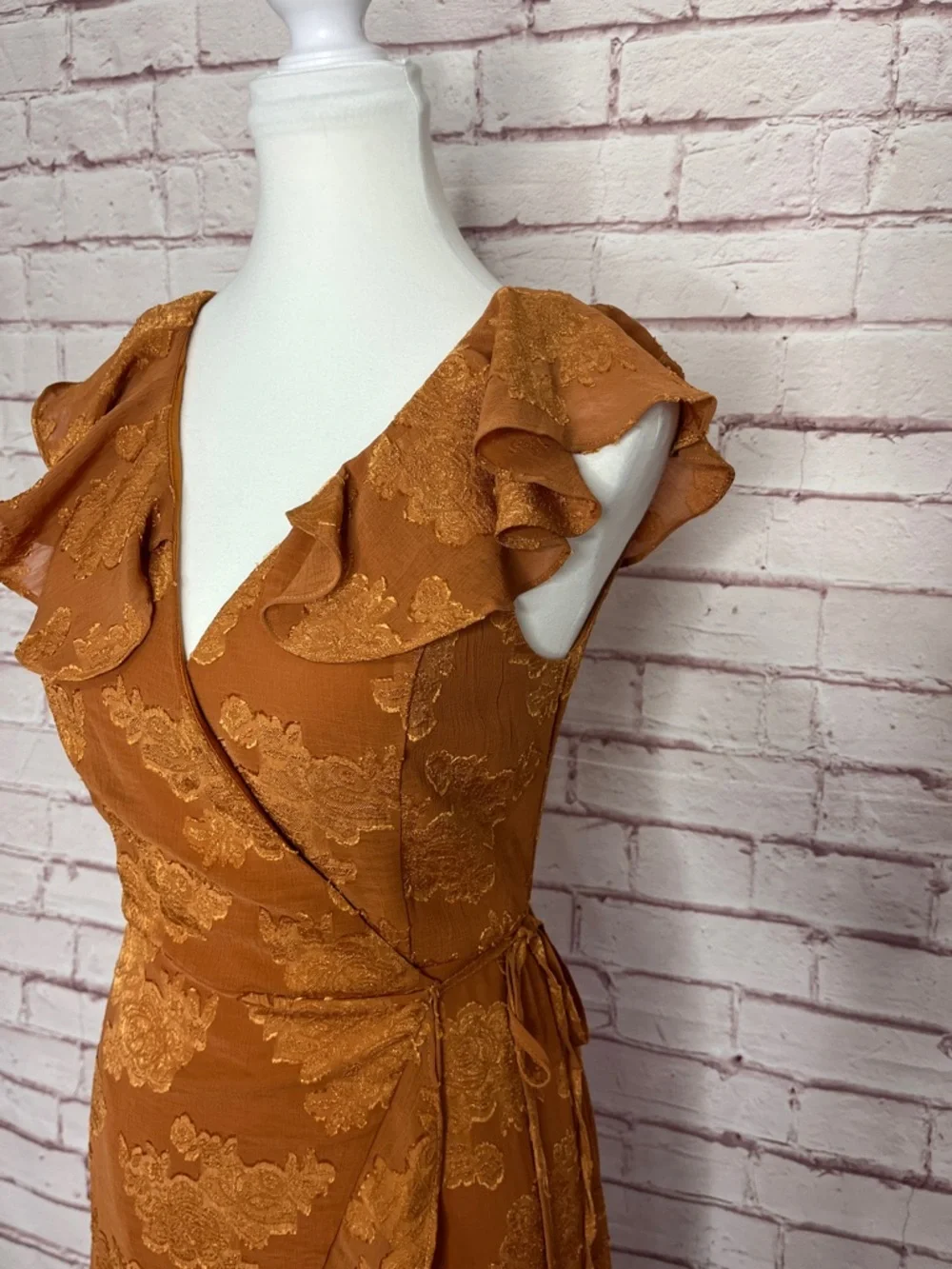 Lulus Adorable Aura Burnt Orange Floral Burnout High Low Wrap Dress Like New